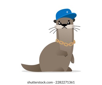 Ilustración vectorial de una hermosa nutria animal con tapa y cadena sobre fondo de color blanco con sombra. Diseño plano de nutria con bigote para web, banner, afiche, impresión, tarjeta, pegatina