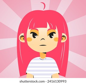 Ilustración vectorial de una hermosa anime. Joven asiática al estilo de las caricaturas. Retrato de una mujer con hermoso cabello rosa. Vista frontal. Personaje de Japón.