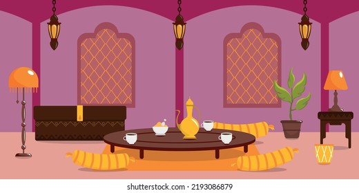 Ilustración vectorial de una hermosa sala interior árabe. Caricatura interior con mesa, pecho, curry, café, jarra, tambor, macetas de flores, lámpara.