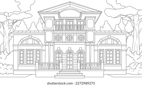 Vector illustration, beautiful architectural building in the park, book coloring.