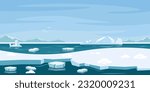 Vector illustration of a beautiful arctic landscape. Cartoon scene of a beautiful winter arctic landscape with the sky and birds, snowy mountains, icebergs, glaciers, sea. Antarctica. Polar circle.