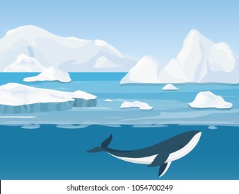 Vector Illustration Of Beautiful Arctic Landscape Of Northern And Antarctic Life. Icebergs In Ocean And Underwater World With Whale In Flat Cartoon Style.