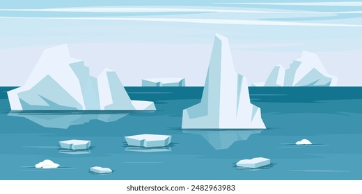 Vector illustration of a beautiful arctic landscape. Cartoon scene of a cold blue ocean with transparent clear water, with white depths of ice, glaciers of various sizes. Icebergs. Arctic background.