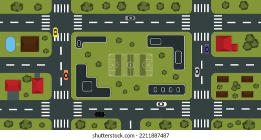 Vector illustration of a beautiful area with a view from above. Cartoon landscape with car, school, stadium, houses, road for different games.