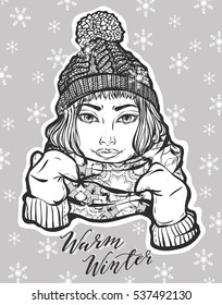 Vector illustration. Beautiful art portrait a girl in winter clothes. Handmade prints on T-shirts, tattoos, coloring for children and adults,gray background with snowflakes