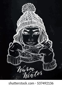 Vector illustration. Beautiful art portrait a girl in winter clothes. Handmade prints on T-shirts, tattoos, background chalk board