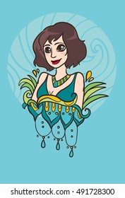 vector illustration with beautiful art-deco cartoon girl on blue background with ornament