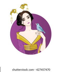 Vector illustration of beautiful asian girl or woman at circle background holds bird on her hand Beautiful Chinese or Japanese or Korean woman wearing national purple costume.