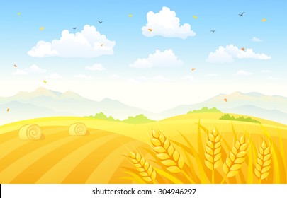 Vector illustration of a beautiful autumn background with wheat fields