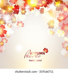 Vector illustration of beautiful autumn background with sun rays and maple leaves. Design autumn vector frame.