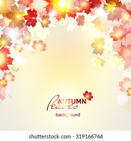 Vector illustration of beautiful autumn background with sun rays and maple leaves.