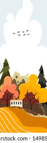 Vector illustration of beautiful autumn with birds, fields, house, forest. Eps 10.