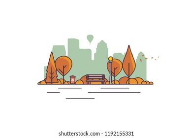 Vector illustration of a beautiful autumn city park with town building background. Evening in the park.