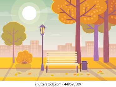 Vector illustration of a beautiful autumn city park  with town building background. Evening in the park.