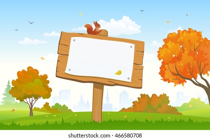 Vector illustration of a beautiful autumn city park and a signboard