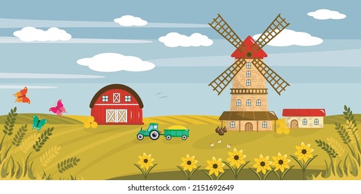 Vector illustration of a beautiful autumn farm. Cartoon farm landscape with fields, wheat and sunflowers, tractor with a trailer, barn, warehouse and mill.