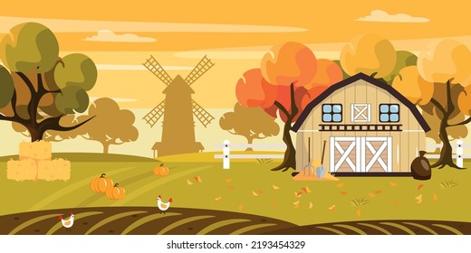 Vector illustration of a beautiful autumn farm. Cartoon landscape with hay bales, chickens, mill, pumpkins, yellow trees, field, barn, fence.