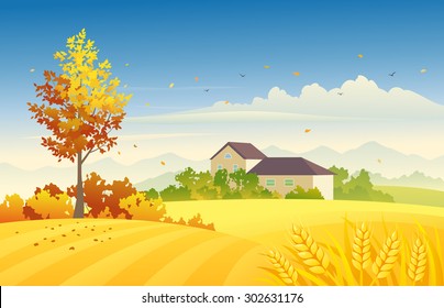 Vector illustration of a beautiful autumn farm scene with wheat fields and bright foliage tree