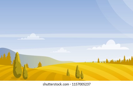 Vector illustration of beautiful autumn fields landscape with sky and mountains in pastel colors. Countryside concept in flat style.