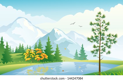 Vector illustration of a beautiful autumn forest at the mountains