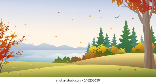 Vector illustration of a beautiful autumn forest at the river, horizontal view