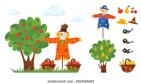 Vector illustration of beautiful autumn landscape, modern hand drawn style. Countryside fall farm thanksgiving symbol - scarecrow and apple tree Vector illustration.