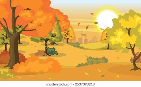 Vector illustration of a beautiful autumn landscape in cartoon style.Cartoon scene autumn view, city, houses, trees with trunks, branches, bushes, falling leaves, big sun isolated on white background.