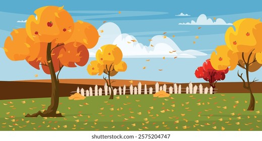 Vector illustration of beautiful autumn landscape. Cartoon scene of trees with apples, fence, plains, meadows, falling leaves, piles of fallen leaves, blue sky with white clouds. Rural landscape.