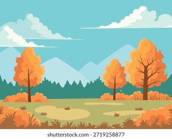 Ilustração vetorial de uma bela paisagem de outono, prados de ouro, árvores e montanhas. Paisagem natural para o design.