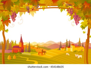 Vector illustration of beautiful autumn landscape on white background in modern style with elegant text lettering, copy space. Countryside fall farm symbols: tree, church, vineyard
