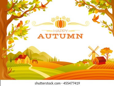 Vector illustration of beautiful autumn landscape on white background in modern style with elegant text lettering, copy space. Countryside fall farm symbols - barn, mill, apple trees, farm animals.
