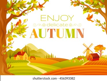 Vector illustration of beautiful autumn landscape on white background in modern style with elegant text lettering, copy space. Countryside fall farm symbols - barn, mill, apple trees, farm animals.