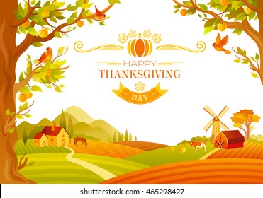 Vector illustration of beautiful autumn landscape on white background in modern style with elegant text lettering, copy space. Countryside fall farm thanksgiving symbols - mill, barn, apple tree
