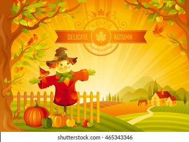 Vector illustration of beautiful autumn landscape on sunset background, modern style, elegant text lettering, copy space. Countryside fall farm thanksgiving symbol - scarecrow, pumpkin, apple tree