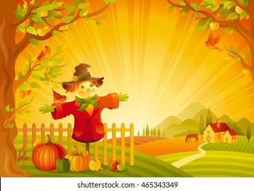 Vector Illustration Of Beautiful Autumn Landscape On Sunset Background, Modern Style, Elegant Text Lettering, Copy Space. Countryside Fall Farm Thanksgiving Symbol - Scarecrow, Pumpkin, Apple Tree