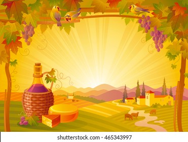 Vector illustration of beautiful autumn landscape on sunset background, modern elegant style with vineyard, elegant copy space. Countryside fall farm thanksgiving symbol, wine bottle, camembert cheese