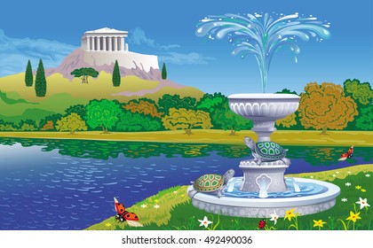 Vector illustration of beautiful autumn landscape with a fountain and two turtles