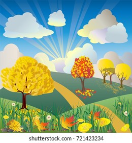 Vector illustration of a beautiful autumn landscape with an oak tree, maple tree, pathway to the horizon, grass and bright fall leaves on the front. Nature autumn background 