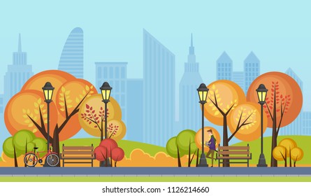 Vector illustration of a beautiful autumn public city park with city skyscrapers buildings on background.