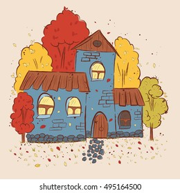 Vector illustration of a beautiful autumn scenery. Autumn scene with a house and trees. Suitable for printing on a t-shirt or sweatshirt, shirt design, sketch house, Cute autumn house
