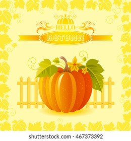 Vector illustration of beautiful autumn still life on sunny background in modern elegant style, text lettering, copy space. Countryside fall farm thanksgiving symbol - big orange pumpkin with leafs
