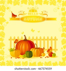 Vector illustration of beautiful autumn still life on sunny background in modern elegant style, text lettering, copy space. Countryside fall farm thanksgiving symbols - fruits and vegetables, pumpkin
