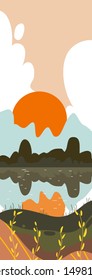Vector illustration of beautiful autumn with sunrise, river. Eps 10.