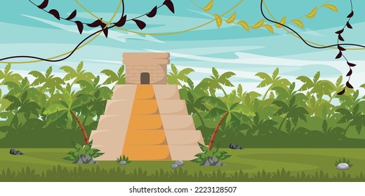 Vector illustration of beautiful Aztec or Mayan pyramids. Cartoon forest landscape with ritual pyramid, palm trees, vines, jungle.