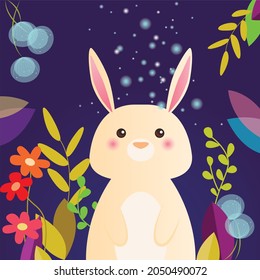 Vector illustration. beautiful background with flowers, place for text. children's bright illustration. signboard, banner, postcard, card. rabbit. animal, cute children's illustration for a book