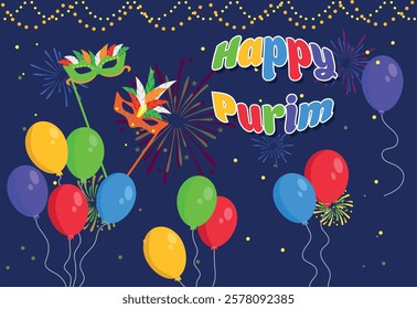 Vector illustration beautiful background of Happy Purim. Cartoon scene jewish merry holiday with bright balloons, fireworks, carnival masks with feathers, garlands isolated on dark blue background.