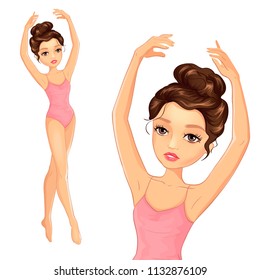 Vector illustration of beautiful ballerina dancing in a pink swimsuit 