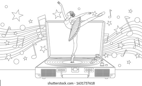 Vector illustration, beautiful ballerina dancing on a turntable, coloring book.