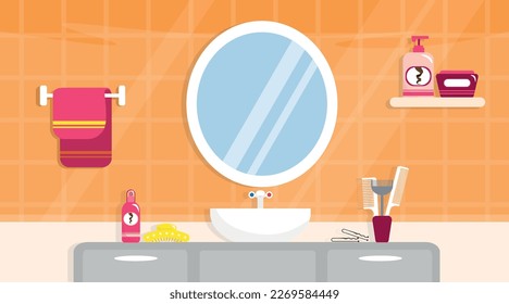 Ilustración vectorial de un hermoso baño. Caricatura en el interior de un cuarto de baño con espejo, lavabo, toalla, estante con cosméticos, barrette, peines, peines.