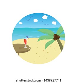 Vector illustration. Beautiful illustration of beach, palm and coctail on the table. White background 